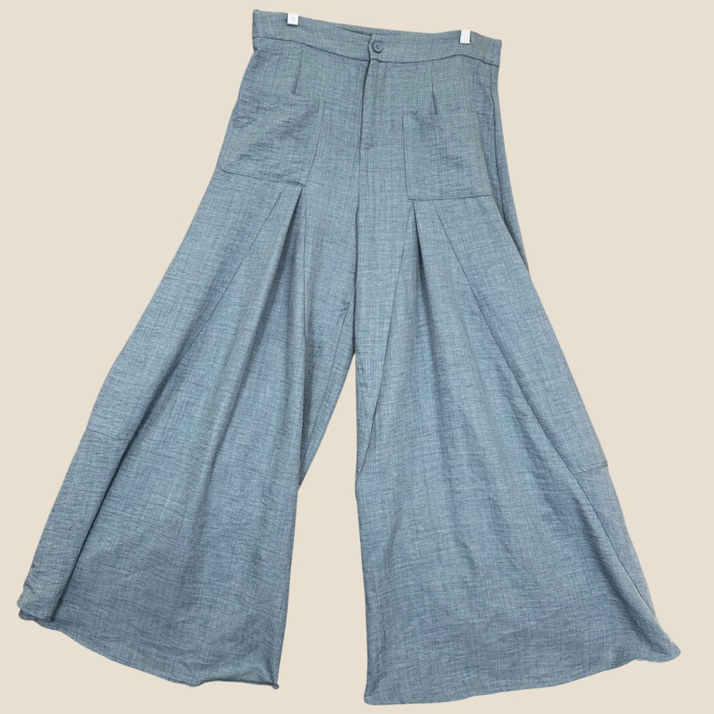 Micas Wide Leg Pants Women L Blue High Waist Pleated Patch Pocket Trousers Boho